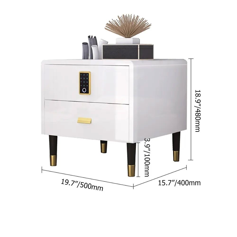 White Nightstand Luxury Intelligent Lock 2Drawer Lacquered Bedside Table