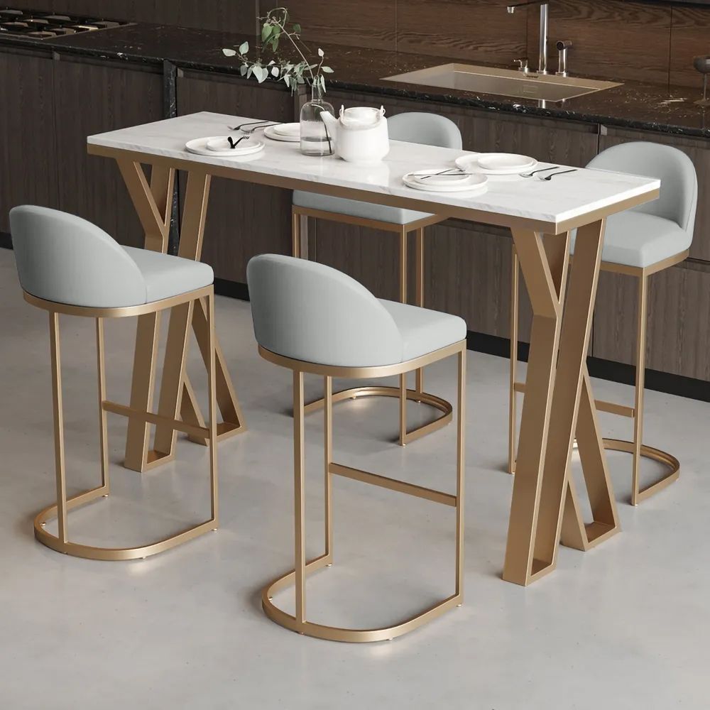 Gray PU Leather Upholstered Bar Stool in Gold Set of 2