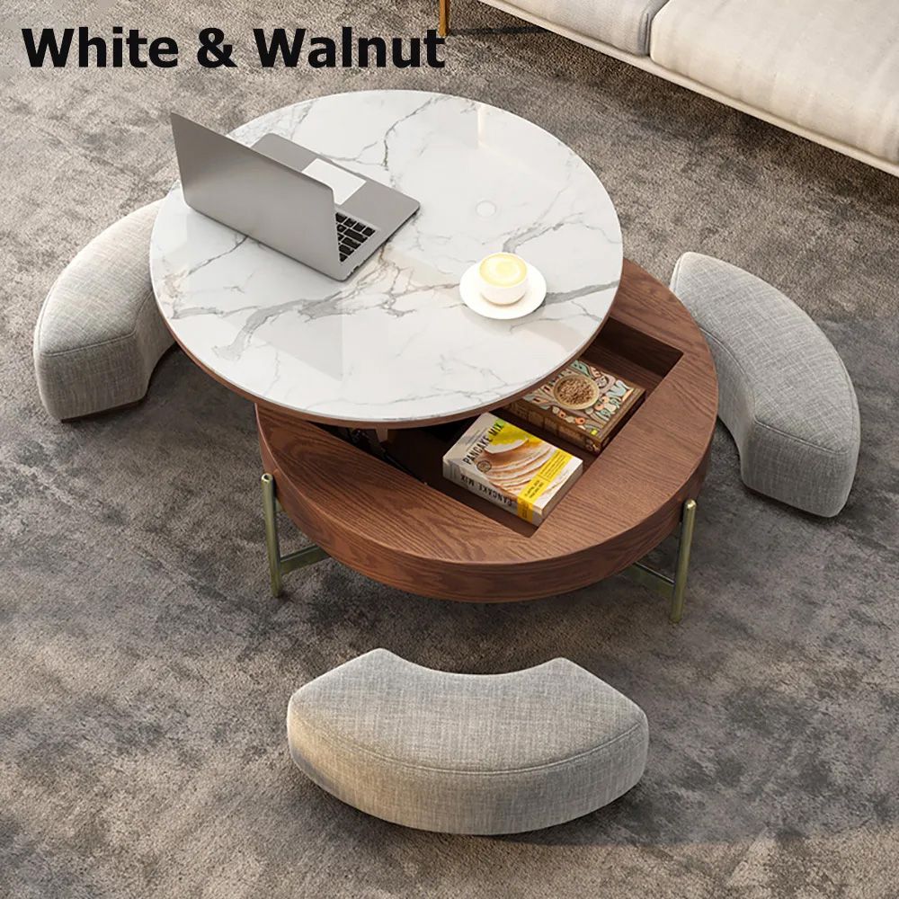 Runder Lift-Top Couchtisch mit Ablage & 3 Ottomane weiß & natur/weiß