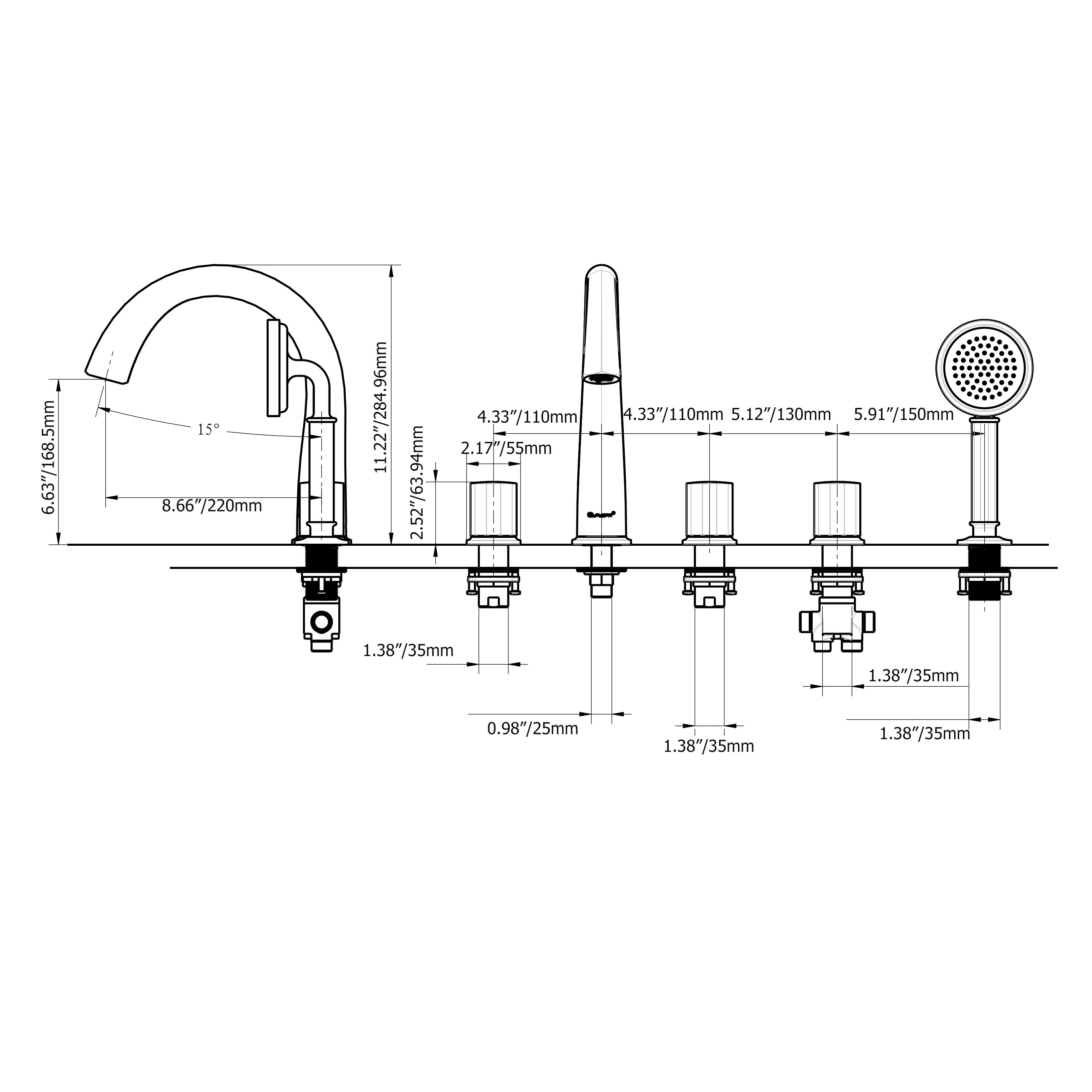 Deck Mounted Roman Bathtub Faucet with Handshower Solid Brass
