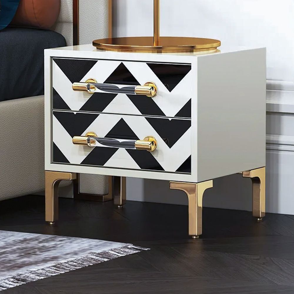 2 Drawers Black & White Nightstand with Drawer Mid-Century Bedside