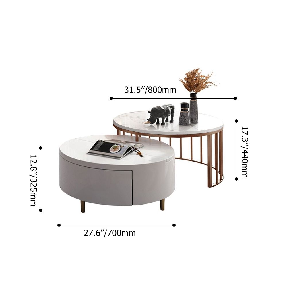 White&Walnut Round Nesting Coffee Table with Storage Rotating Top in ...