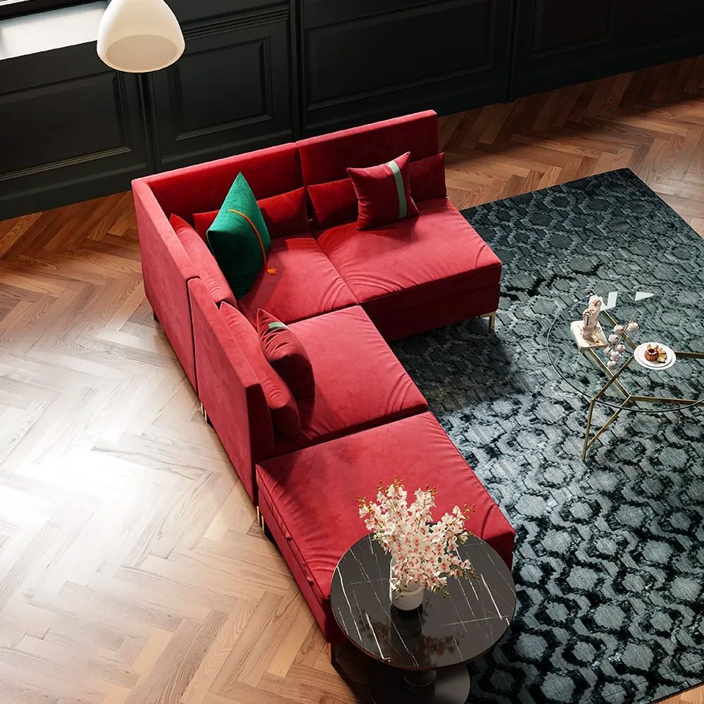 MidCentury Plum Velvet Sectional Sofa Reversible L Shaped 4 Pieces