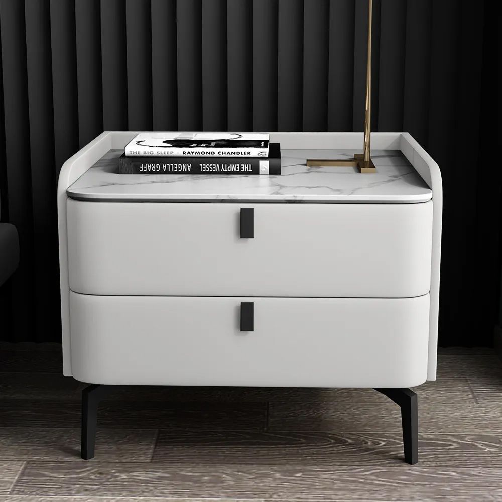White Modern Luxury 2 Drawers Bedroom Nightstand Stone Bedside Table