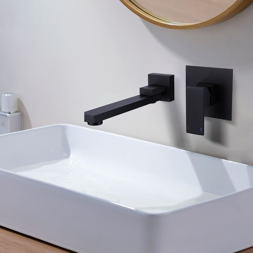 Grifo monomando de pared negro mate para lavabo de baño de latón macizo
