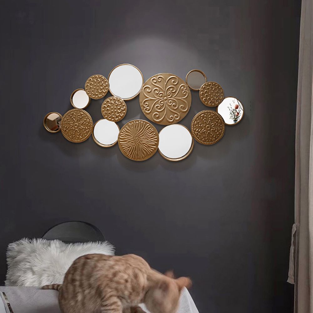 Vintage 3D Geometric Round Rings Gold Metal Wall Mirror Home Art