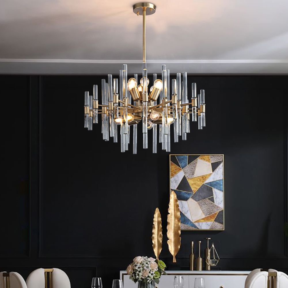 Contemporary 14Light Glass Living Room Chandelier in Brass