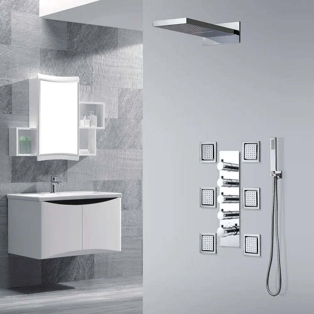 Luxury WallMount Waterfall Rain Shower System with 6 Body Sprays