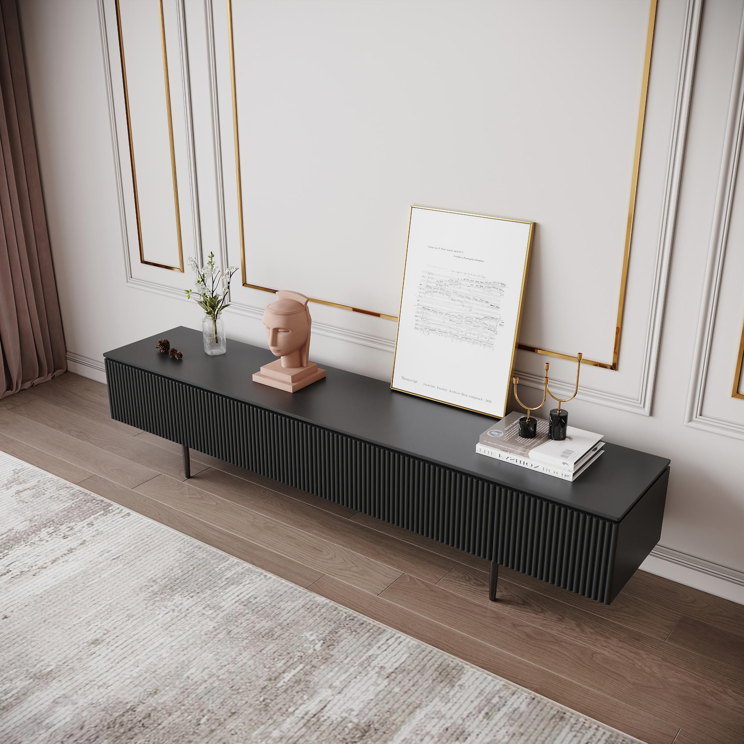 Modern 70.9" TV Stand with Drawers Line Media Console with Black Metal Legs