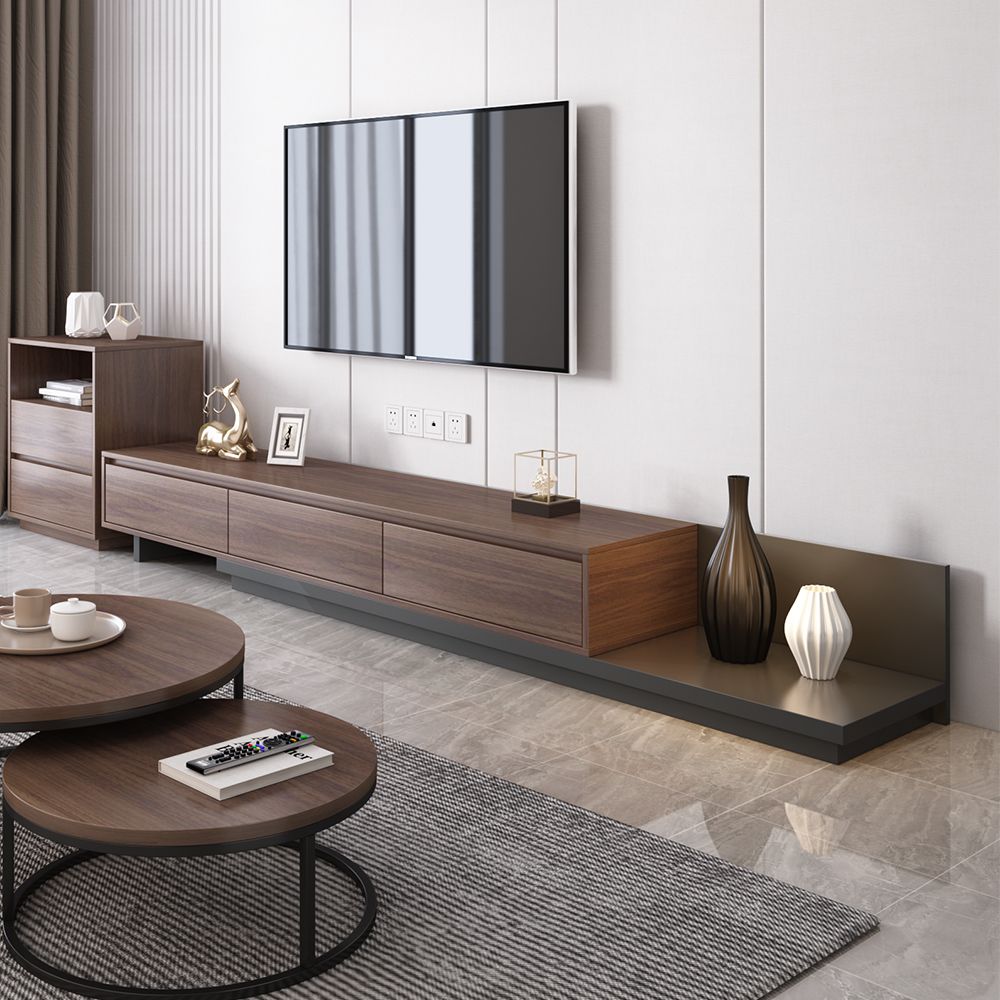 Minimalist 3-Drawer Retracted & Extendable TV Stand in Walnut & Gray Up ...