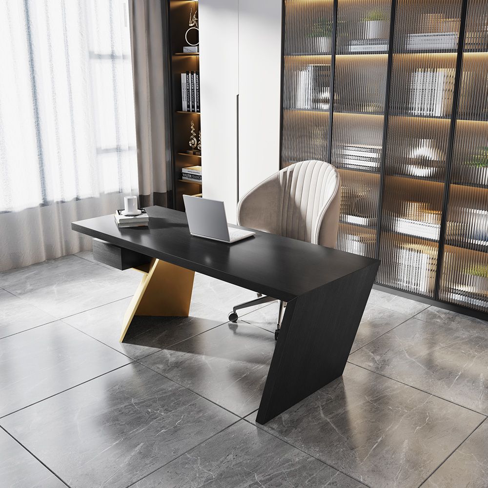 63" Black and Gold Office Desk Modern Writing Desk with One Drawer