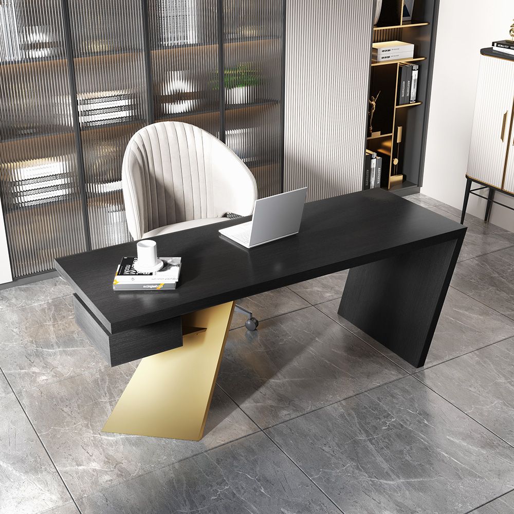 63" Black and Gold Office Desk Modern Writing Desk with One Drawer