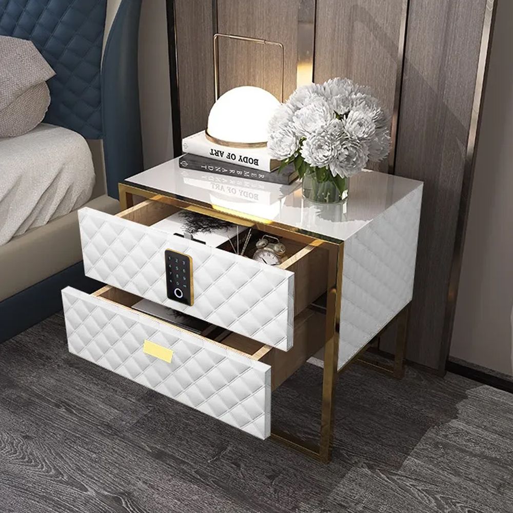 White 2 Drawers Bedroom Nightstand with Electronic Lock Stainless Steel