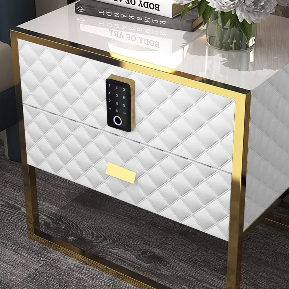 White 2 Drawers Bedroom Nightstand with Electronic Lock Stainless Steel