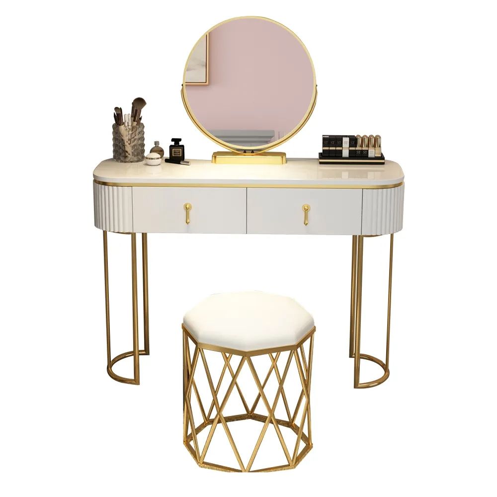 Nordischer weißer ovaler Make-up-Schminktisch, glänzend, 2 Schubladen