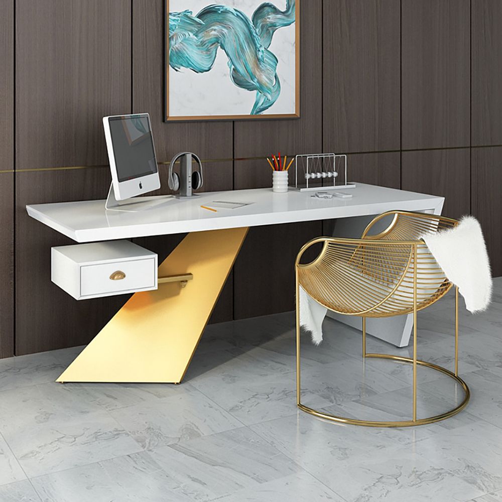 63" White and Gold Office Desk Modern Writing Desk with One Drawer