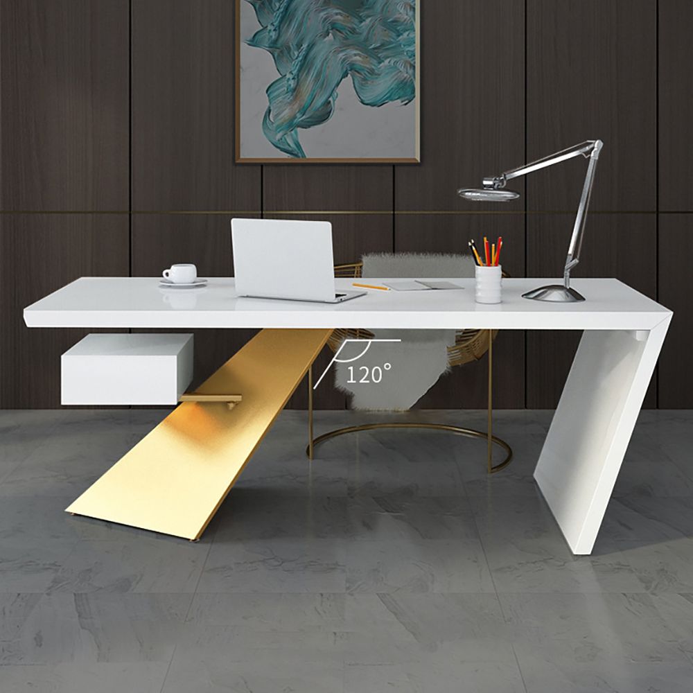 63" White and Gold Office Desk Modern Writing Desk with One Drawer