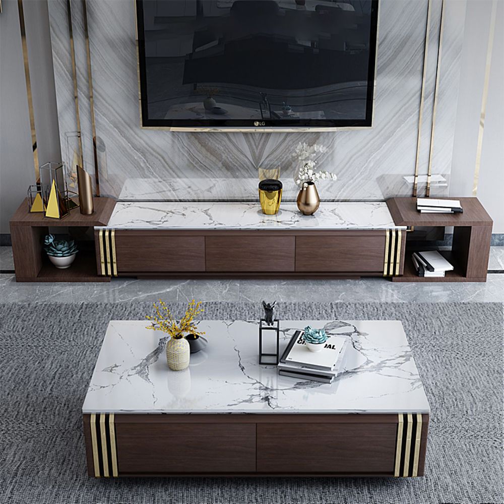 Extendable Stainless Steel Black TV Stand Faux Marble Top 3Drawer