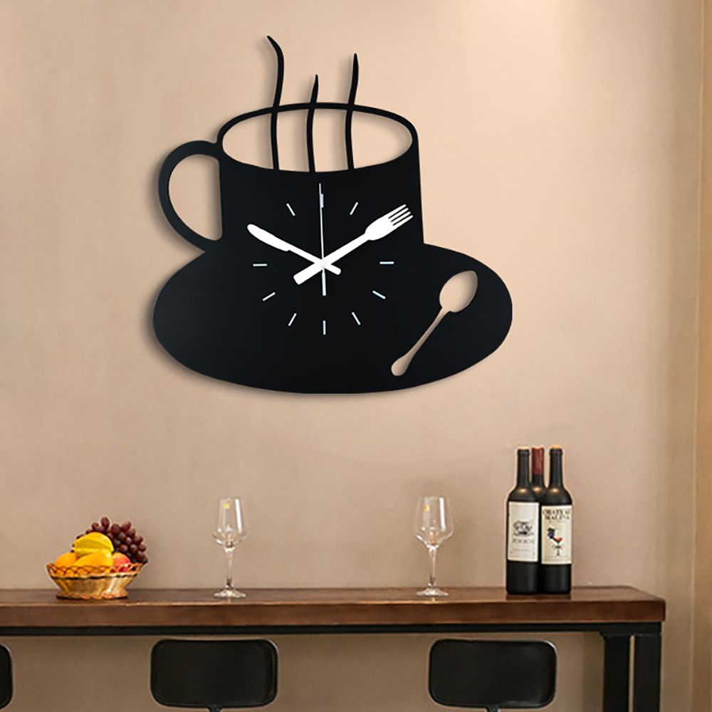 Creative Coffee Cup Metal Wall Clock with Hollowout Clock Face
