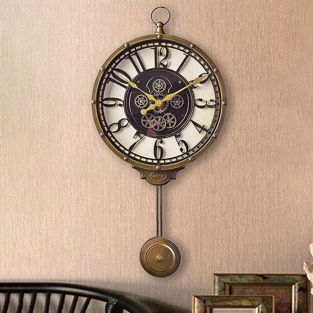 Retro Industrial Style Unique Household Wall Clock with Metal Pendulum