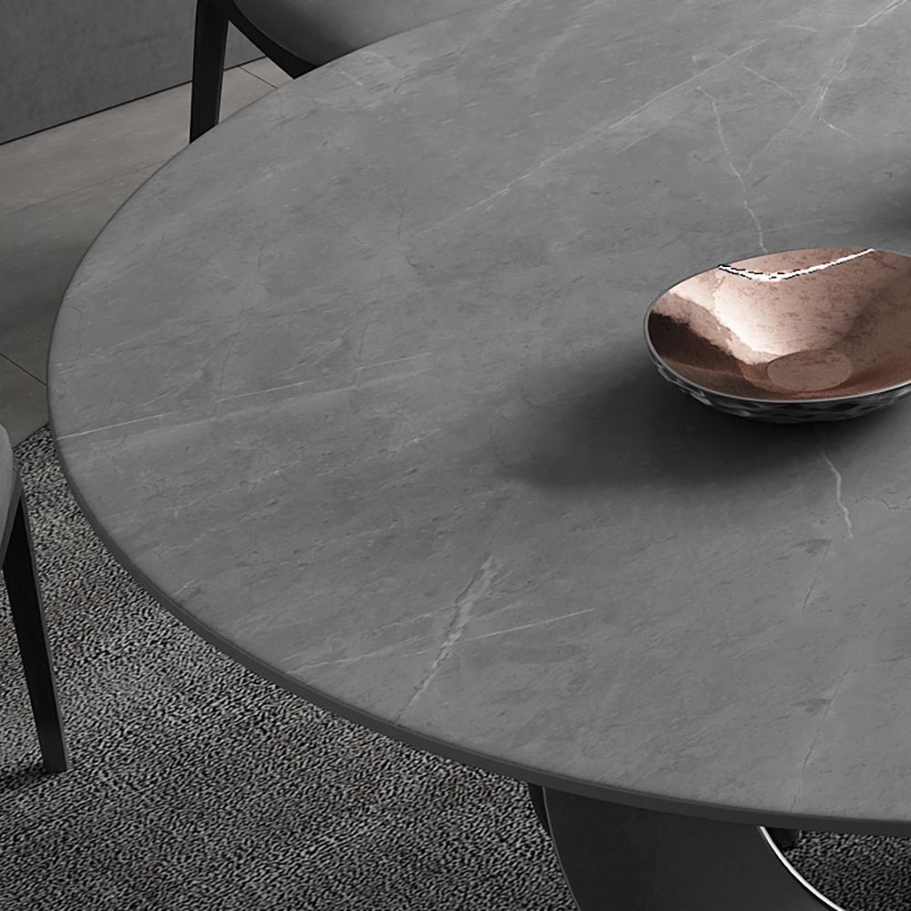 51.2"Round Black Dining Table with Stone Top & Carbon Steel Base