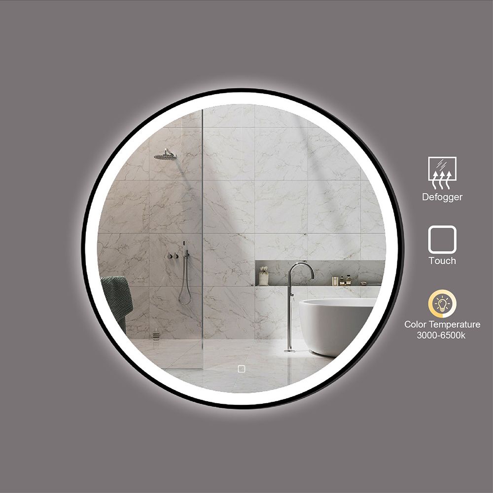 600mm Matte Black Frame Round Wall Mounted LED Bathroom Mirror AntiFog