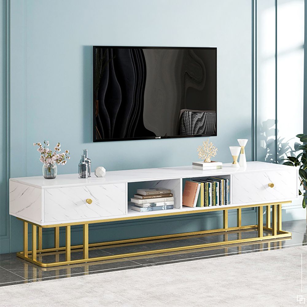 Contemporary Rectangle White TV Stand Faux Marble Top Media Console 2