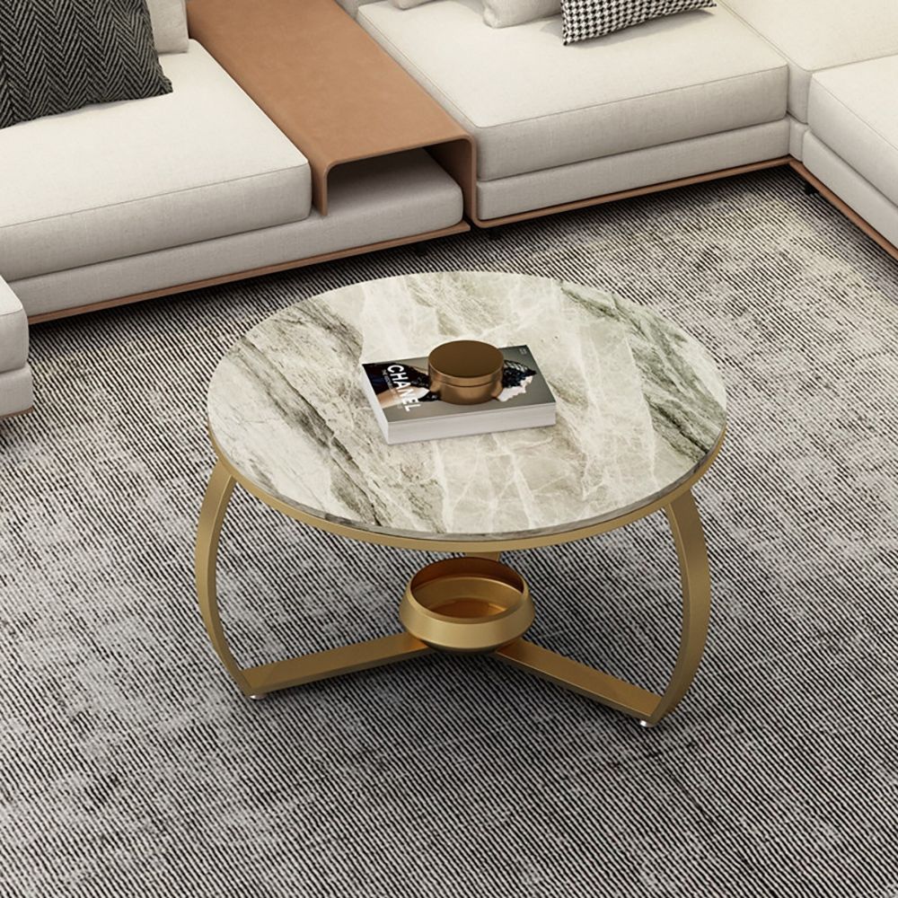 Round Coffee Table with Stone Top & Metal Base