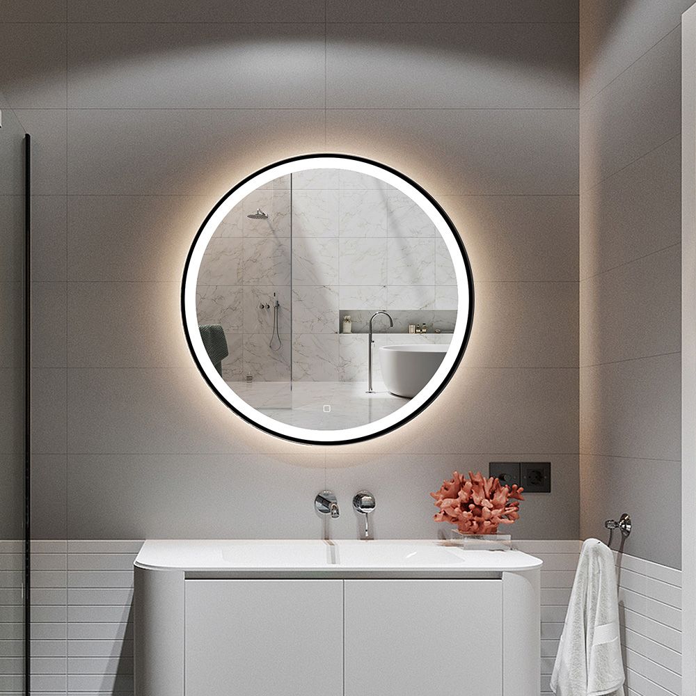 600mm Matte Black Frame Round Wall Mounted LED Bathroom Mirror AntiFog