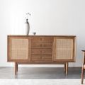 55" Cottage Walnut Sideboard Buffet Rattan with 2 Doors 4 Drawers