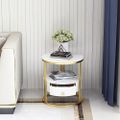 Modern White Round Nightstand with Marble-Top & Drawer & Shelf in Gold Base