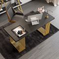 Rechteckiger moderner Home-Office-Schreibtisch mit Massivholz-Tischplatte und goldenem Rahmen