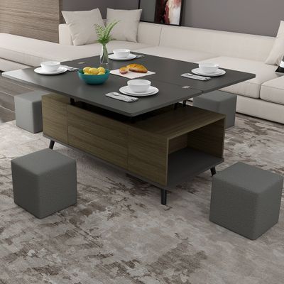 5 Pieces Lift Top Coffee Table Set with Storage Convertible Dining Table with Ottomans-Homary