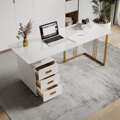 71" Modern White Home Office Executive Desk with Drawers & Storage Cabinet in Gold Base