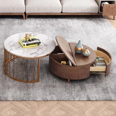Modern White Walnut Round Coffee Table With Storage Wood Rotating Marble Nesting Coffee Table In Rose Gold Set Of 2