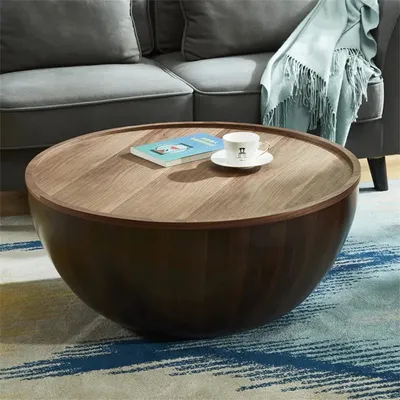 Storage Walnut Bowl Shaped Coffee Table, Round Wooden Coffee Table Drum