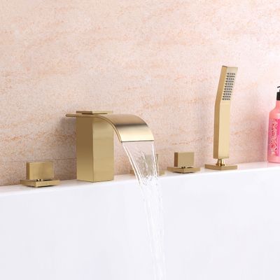 Milly Brushed Gold Waterfall Roman Tub Filler Faucet with Handheld Shower