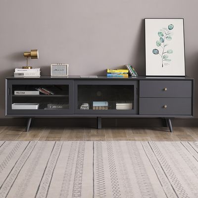 Modern Grey TV Stand Rectangle Media Console with Sliding Glass Doors & 2 Doors Small