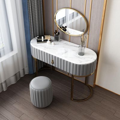 Makeup Vanity Set with Drawer Mirror & Leather Stool Included Faux Marble Tabletop