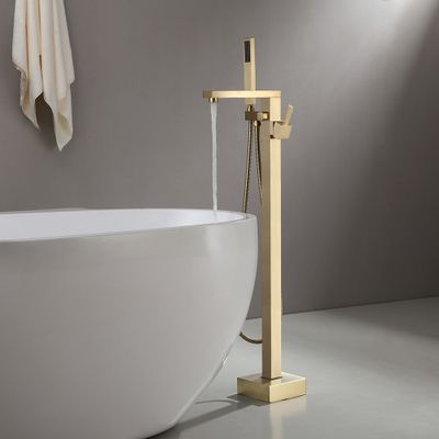 Dree Brushed Gold Freestanding Tub Filler Floor Mount Bathtub Faucet with Hand Shower