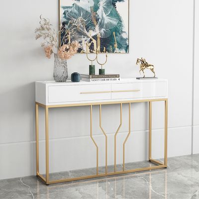 Narrow Console Table with Drawers Wood Top in White - Entryway Furniture - Homary US