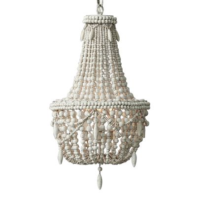 Boho Distressed Wood Beaded 3-Light Large Chandelier in Antique White