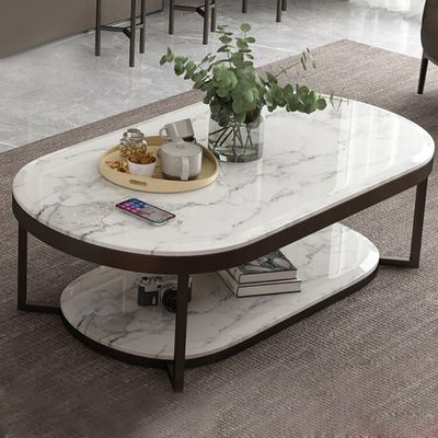2-Tiered Modern Marble Coffee Table Black & White with Shelf Metal Frame-Homary