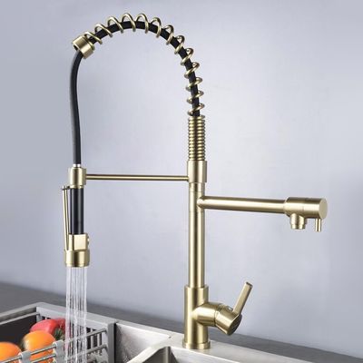 Robinet de cuisine à double bec extractible or brossé pulvérisateur double fonction en laiton massif