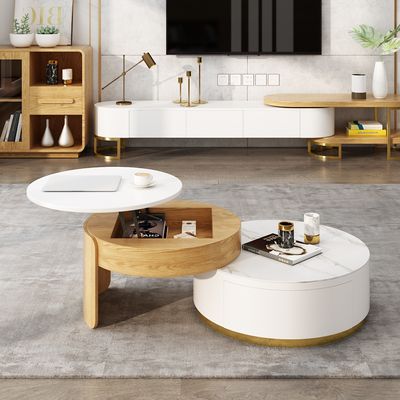 Modern Round Coffee Table with Storage Lift-Top Wood & Stone Coffee ...