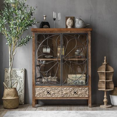 Industrial Rustic Cabinet Carved Patterns Glass Doors with 2 Drawers-Homary