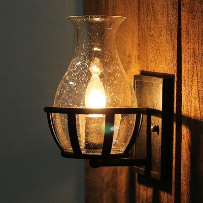 Rustic Glass Single Candelabra Wall Lamp with Metal Backplate