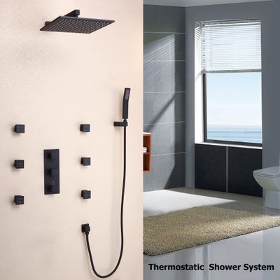 Modern Matte Black Wall Mounted 12" Rainfall Showerhead & Handheld Shower Set with Six Body Spray Jets Thermostatic Solid Brass