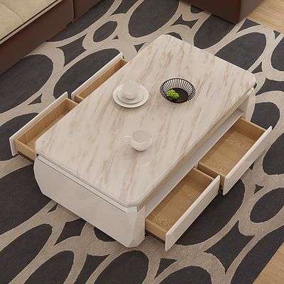 Marble Coffee Table with Storage & Drawers Solid Wood Frame-Homary