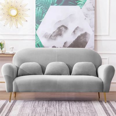 1880mm Mid-Century 3-Seater Velvet Upholstered Sofa with Pillows Rounded Arm in Grey